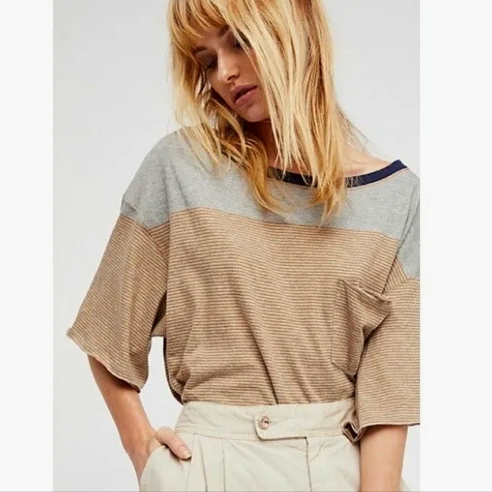 We The Free People Shirt Womens Small Gray Oversized Crop Boxy Stripe Girl Crush - Picture 1 of 12